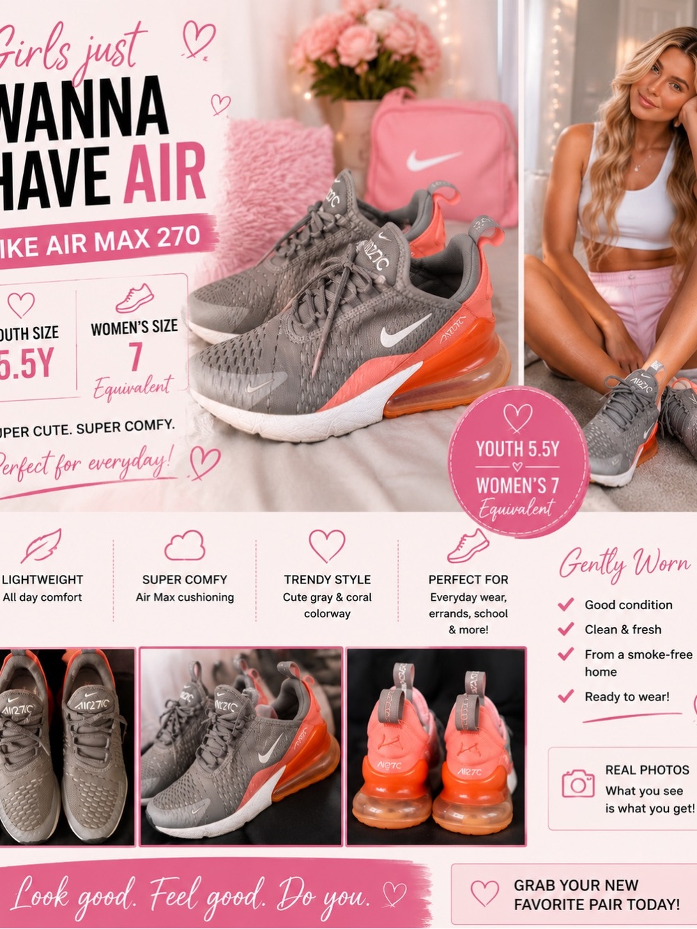 Nike Air Max 270 Women’s Athletic Shoes - Gray & Coral